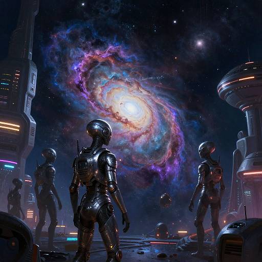 Digital art of three astronauts in shiny silver suits facing a vibrant, colorful galaxy with swirling purple, blue, and orange clouds in a futuristic, neon-l