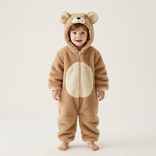 Photograph of a smiling baby wearing a plush brown bear costume with a beige belly, bear ears, and hood, standing barefoot against a plain white