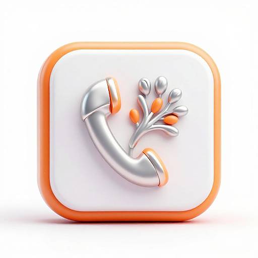 Digital icon: shiny silver phone receiver with orange accents, surrounded by white square with orange border, modern 3D style.