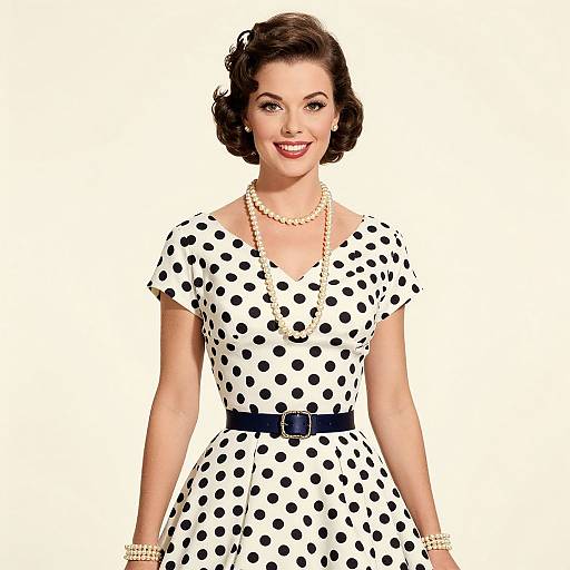 Photograph of a smiling woman with short, wavy brown hair, wearing a white polka dot dress, pearl necklace, bracelet, and belt,