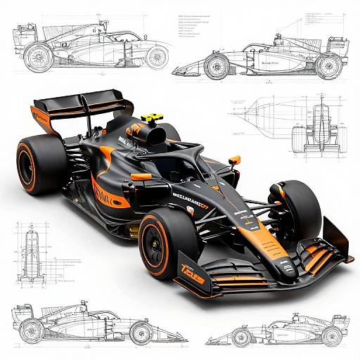Photorealistic digital rendering of a sleek, black and orange Formula 1 race car with detailed technical sketches in the background.