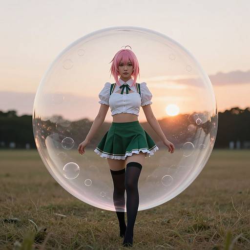 Photograph of a pink-haired anime girl in a white crop top, green skirt, and black thigh-highs, standing within a large transparent bubble at