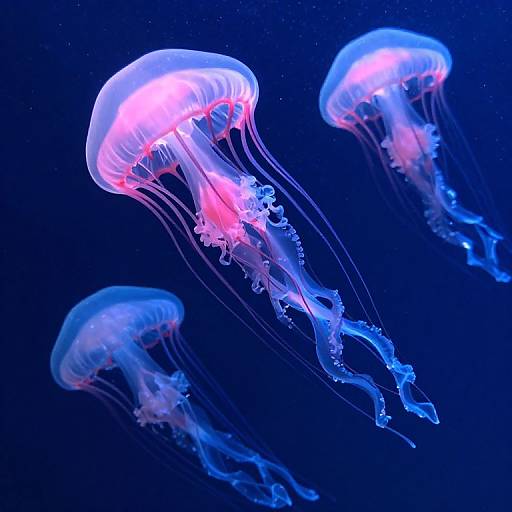 Photograph of glowing, translucent jellyfish with pink and blue hues, floating against a dark blue underwater background, their long, flowing tentacles visible.