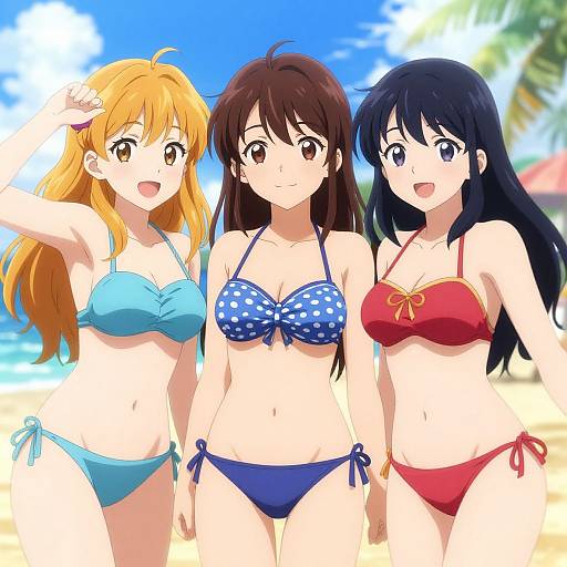 Anime-style digital drawing of three girls in bikinis on a sunny beach: blonde in blue, brunette in polka-dot blue, and black-haired in