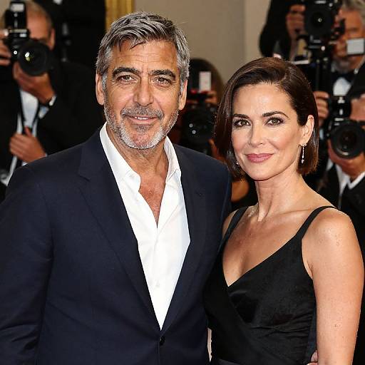 Photograph of mature, gray-haired man in black suit with white shirt, standing beside dark-haired woman in black dress, both smiling, surrounded by photographers