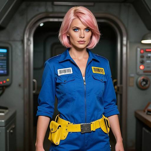Photograph of a blonde woman with pink hair in a blue jumpsuit, labeled 