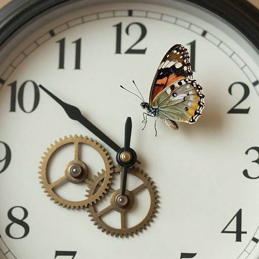 Photograph of a clock with black hands and numerals, gold gears, and a colorful butterfly with black, orange, and white patterns perched near