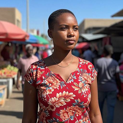 Photograph of a beautiful Black woman with short hair, wearing a red floral dress, standing in a sunlit outdoor market.