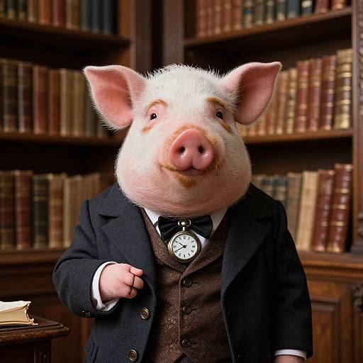 Victorian Pig with Mustache in Library