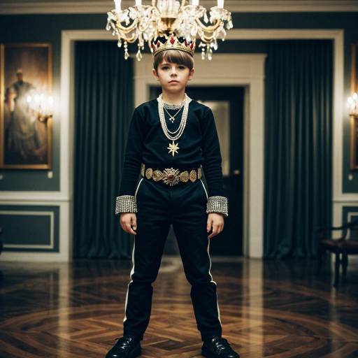 Boy in Royal Costume with Crown and Jewelry Indoors