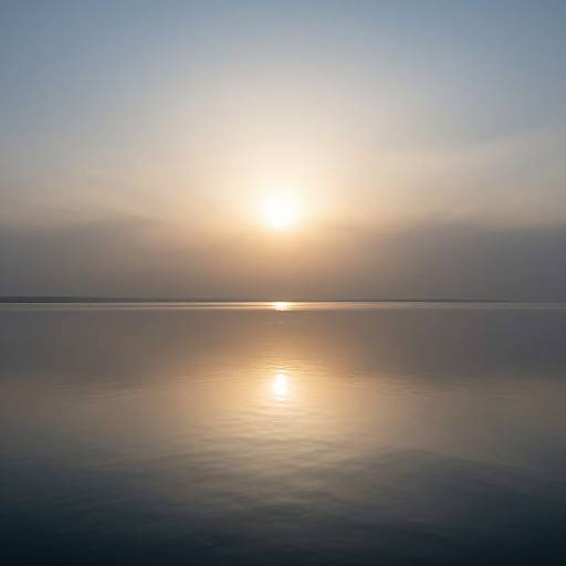 Photograph of a calm, reflective ocean at sunset, with a bright, glowing sun centered in the sky, casting a shimmering golden reflection on the