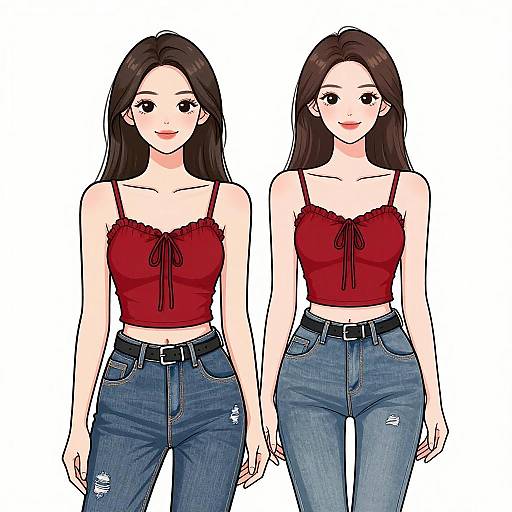 Digital illustration of two identical women with long brown hair, wearing red lace-trimmed crop tops and blue ripped jeans, standing against a white background.