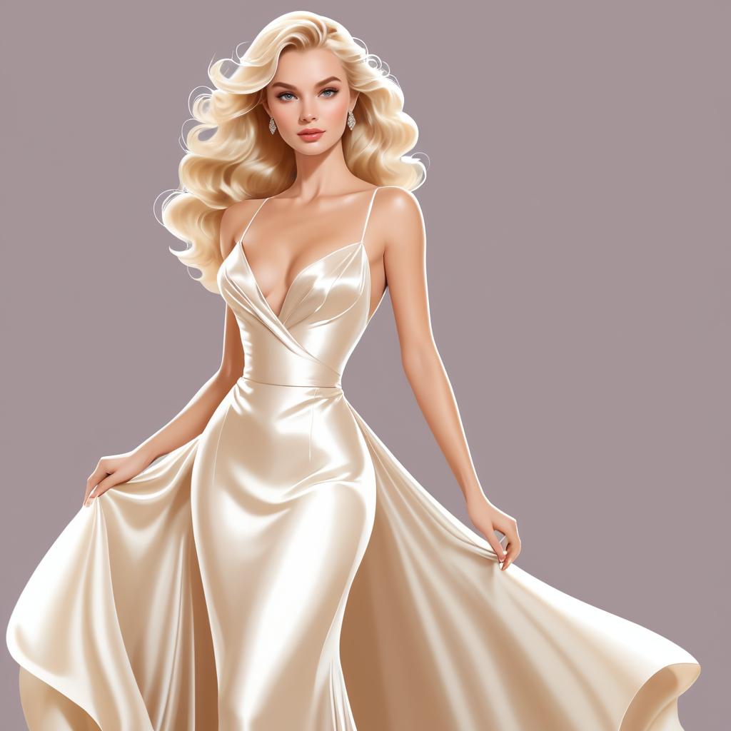 Elegant Cartoon Blonde Woman in Silk Gown