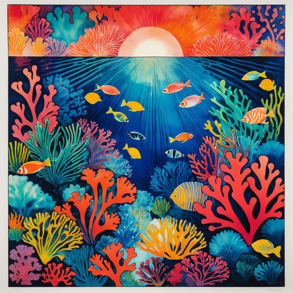 Vibrant Coral Reef Chromolithography Print