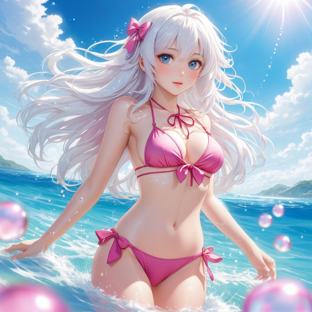 Dreamy Anime Girl in Pink Bikini