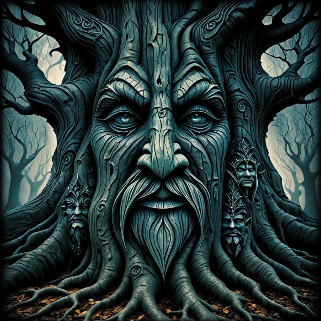 Mystical Ancient Tree with Carved Faces