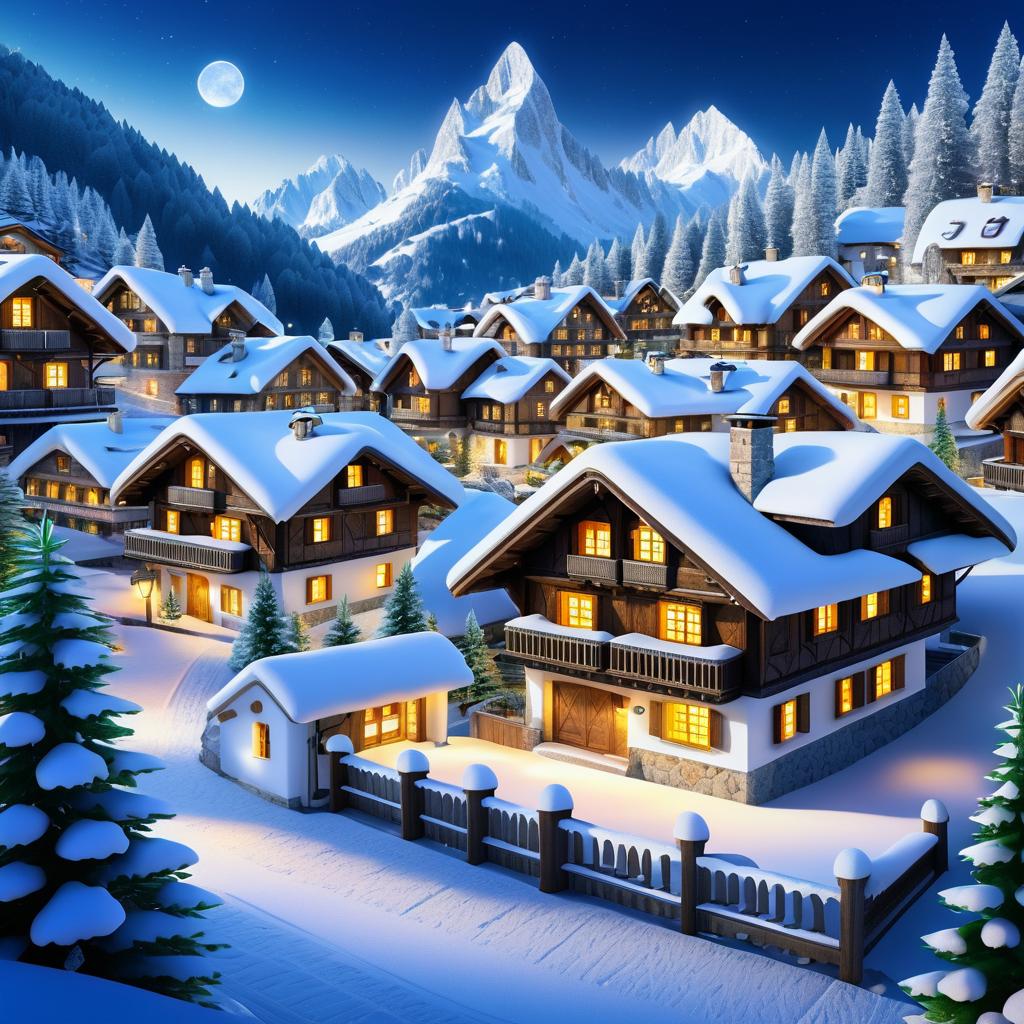 Charming Alpine Village Under Moonlight