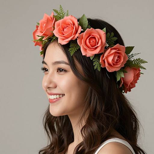 Photograph of a smiling young woman with long dark hair, wearing a floral crown of pink roses and green leaves, against a plain gray background.