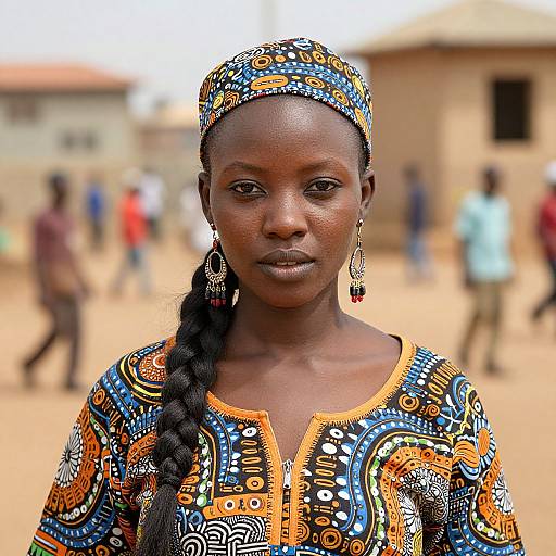 Photograph of a serious African woman with dark skin, wearing a colorful, patterned dress and headwrap, standing in a blurred, sunlit village