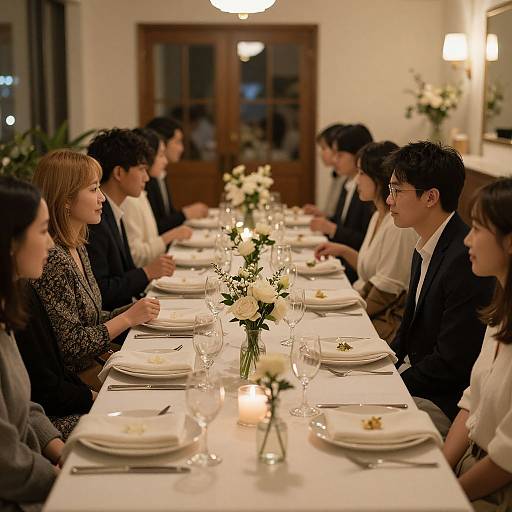 Photograph of a formal dinner table with ten Asian individuals, dressed in formal attire, seated on either side, engaging in conversation, with white floral center