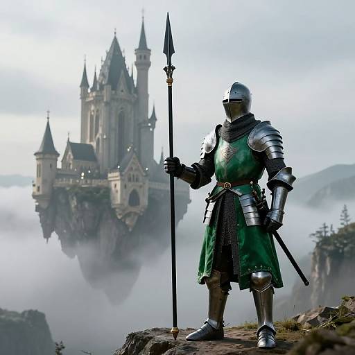 Photorealistic digital artwork of armored knight with green tunic and silver armor, standing on cliff, holding spear, overlooking floating castle in misty,