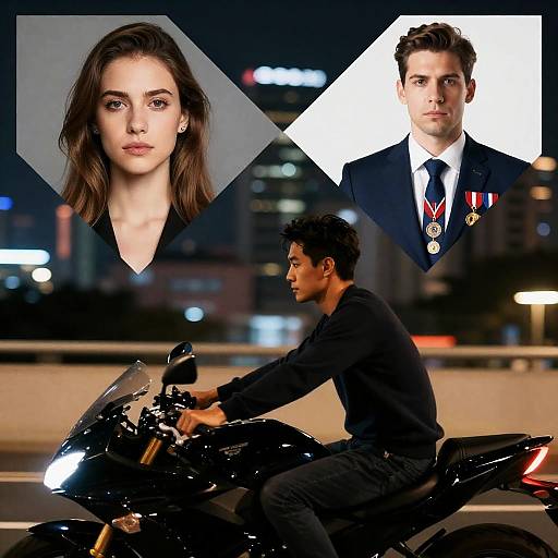Man Riding Motorcycle at Night with Portrait Inset