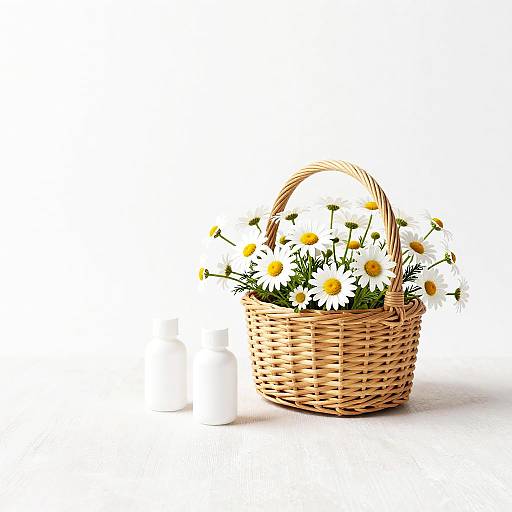 Wicker Basket with Wild Daisies and White Bottles