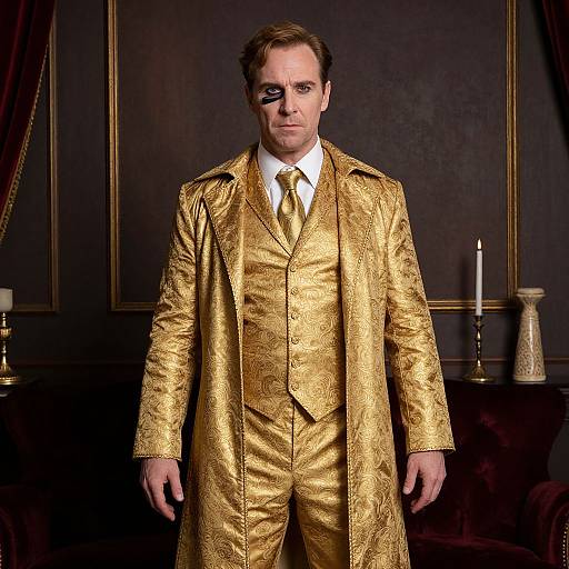 Photograph of a man in a shimmering gold suit with intricate patterns, white shirt, and gold tie, standing against dark, luxurious background with candles