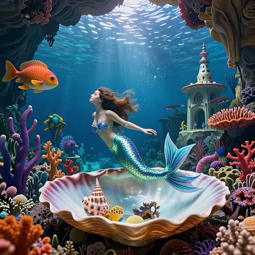 Photorealistic digital art of a blue mermaid with green scales, floating in a vibrant underwater scene, surrounded by colorful corals, a red-orange