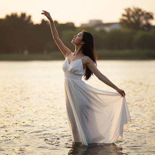 Graceful Woman in Flowing White Dress at Sunset