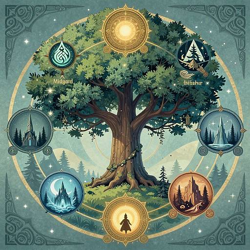 Digital illustration of a magical tree with six glowing, circular symbols representing seasons and elements, surrounded by stars and intricate patterns.