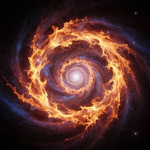 Digital illustration of a fiery, spiral galaxy with bright orange flames swirling around a glowing white core against a dark, starry background.