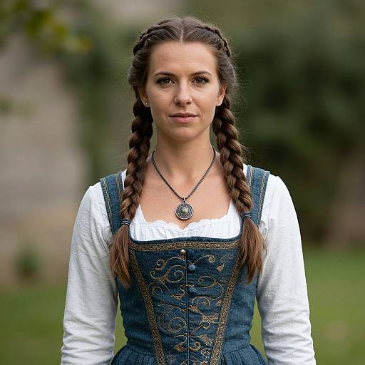 Photograph of a young woman with braided brown hair, wearing a blue embroidered dress over a white blouse, necklace with circular pendant, standing outdoors with