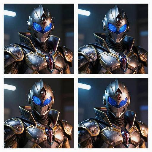 Photographic collage of a futuristic, metallic, blue-eyed robotic warrior with intricate armor, illuminated by fluorescent lights, showcasing various angles.