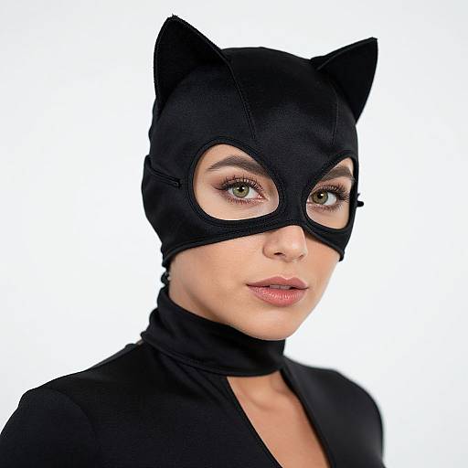 Photograph of a woman with fair skin, green eyes, and black cat mask, wearing a black costume with cat ears, white background.