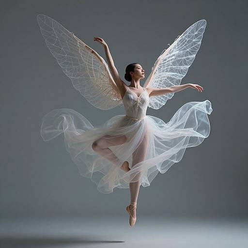 Photograph of a ballerina with translucent, delicate wings, wearing a flowing white dress, balancing on pointe, mid-air against a gradient gray