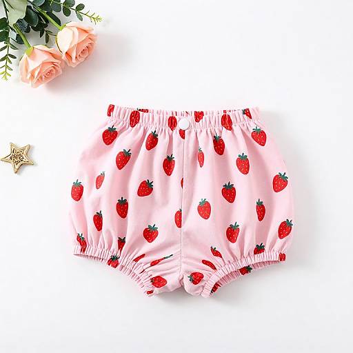 Photograph of pink baby boy shorts with red strawberry pattern, accompanied by peach roses and a gold star, against white background.