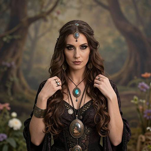 Photograph-style digital artwork of a dark-haired, fair-skinned woman with intense eyes, wearing elaborate jewelry and black lace, against a mystical forest background