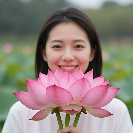 Photograph of a smiling Asian woman with straight black hair, holding a large pink lotus flower in front of her, wearing a white shirt, with