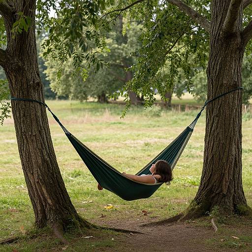 Photograph of a woman in a black hammock, suspended between two trees, reading in a sunny, green park.