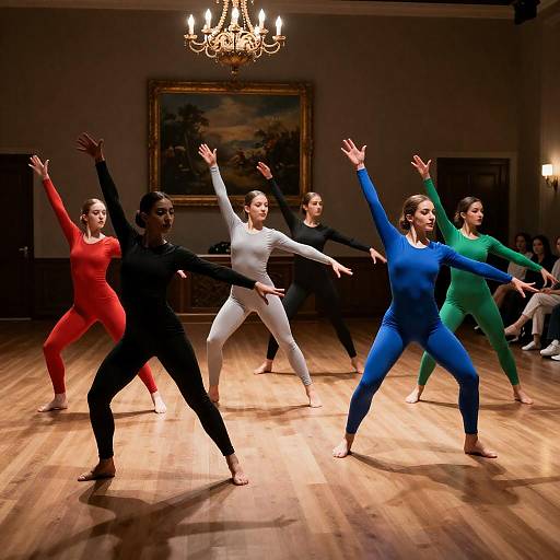 Vibrant Six-Dancer Stage Performance Photograph