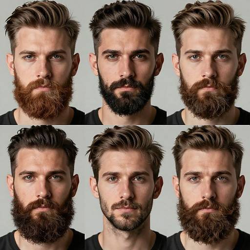 Photograph of six men with varying dark brown to black beards and hairstyles, all with light skin and blue eyes, against a plain white background.