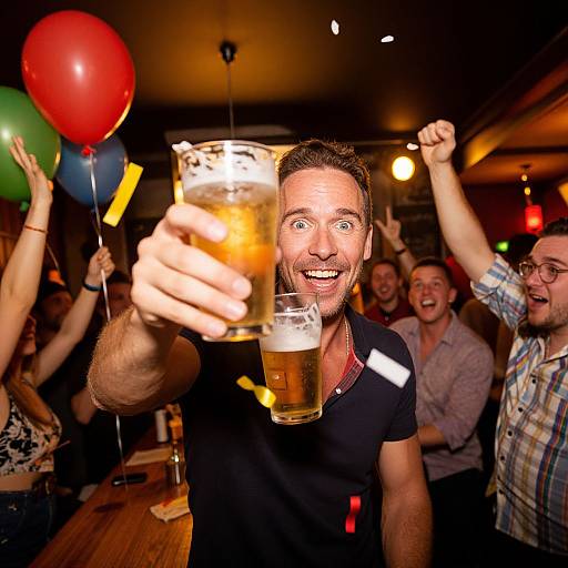 Photograph of a smiling man with a beard, holding a frothy beer, raising it in a dimly lit bar, surrounded by cheering friends with
