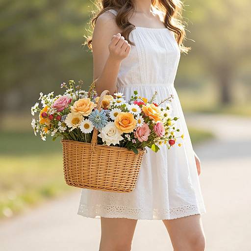Photograph of a girl in a white sundress, holding a wicker basket filled with colorful flowers, standing outdoors on a sunny day.