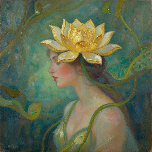 Impressionist painting of a fair-skinned woman with a golden lotus flower crown, surrounded by green vines, set against a blue-green background.