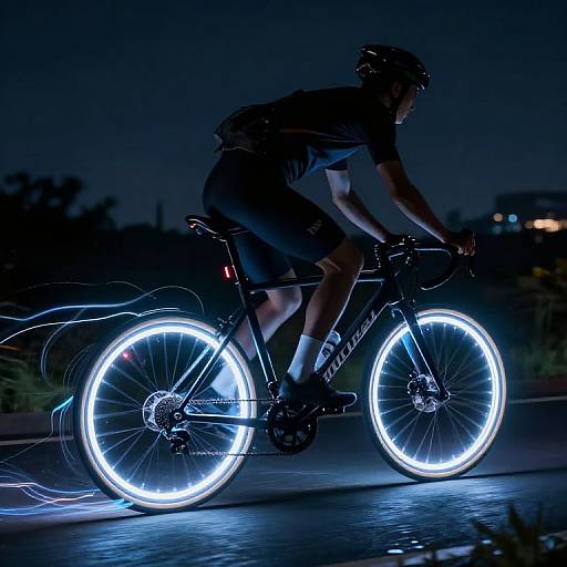 Photograph of a cyclist at night, illuminated by glowing blue LED wheel lights, wearing a helmet and black outfit, riding on a dark road.