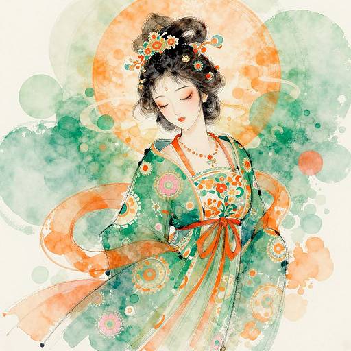 Watercolor illustration of a serene Asian woman in a floral green kimono with orange accents, adorned with flowers in her black hair, set against a vibrant