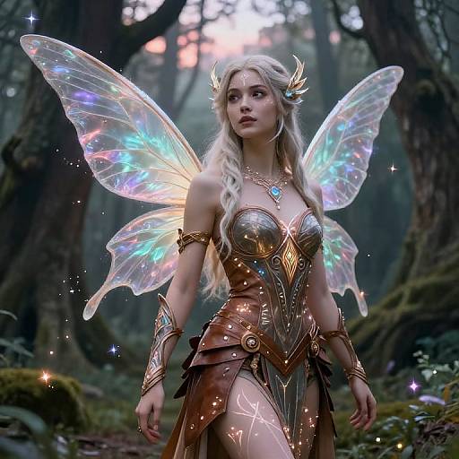 Digital artwork: Blonde fairy with iridescent wings, wearing metallic, ornate brown dress, gold jewelry, and crown, standing in a mystical forest