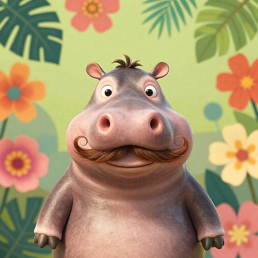 Whimsical Hippo with Curly Mustache