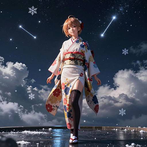 Digital anime-style image of a brown-haired girl in a white floral kimono, black thigh-high socks, standing on a snowy rooftop at night, with